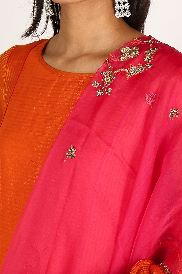 Orange Embroidered A-Line Kurta Set by Raji ramniq at Pernia's Pop Up Shop