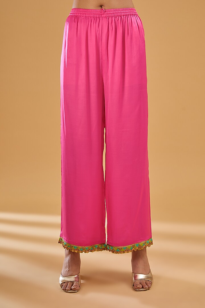 Hot Pink Crepe Printed & Embroidered Kurta Set by Raji Ramniq at Pernia's Pop Up Shop