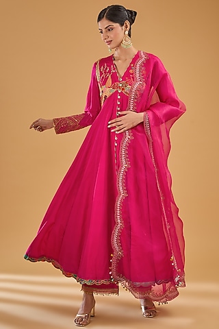 Magenta Crepe Printed & Embroidered Anarkali Set by Raji Ramniq