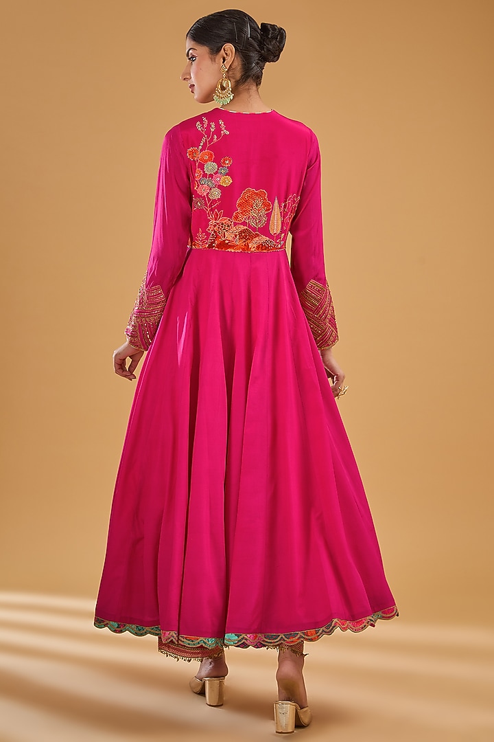 Magenta Crepe Printed & Embroidered Wedding Anarkali Set by Raji Ramniq at Pernia's Pop Up Shop