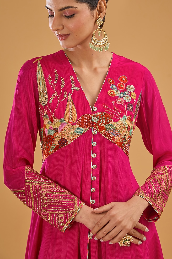 Magenta Crepe Printed & Embroidered Wedding Anarkali Set by Raji Ramniq at Pernia's Pop Up Shop