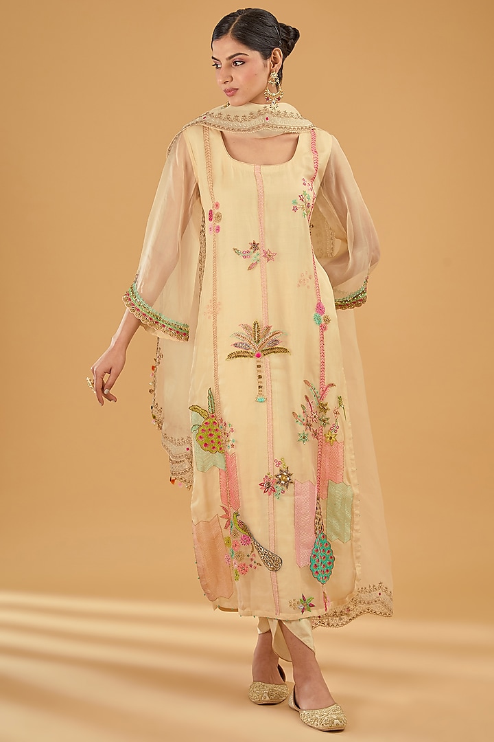 Ivory Organza & Modal Satin Hand Embroidered Kurta Set by Raji Ramniq at Pernia's Pop Up Shop