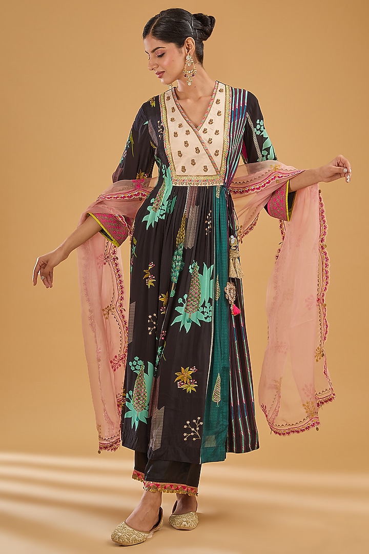 Black Crepe Printed & Hand Embroidered Angrakha Kurta Set by Raji Ramniq at Pernia's Pop Up Shop