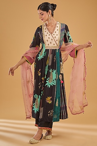 Black Crepe Printed & Hand Embroidered Angrakha Kurta Set by Raji Ramniq