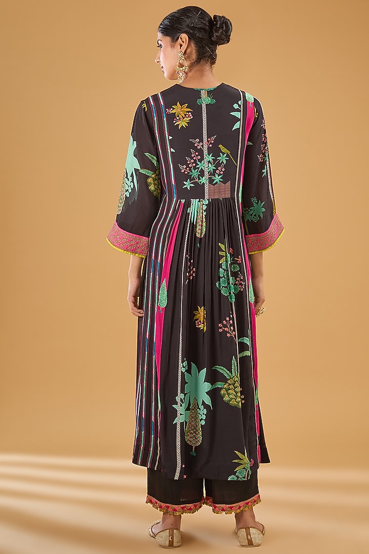 Black Crepe Printed & Hand Embroidered Angrakha Kurta Set by Raji Ramniq at Pernia's Pop Up Shop
