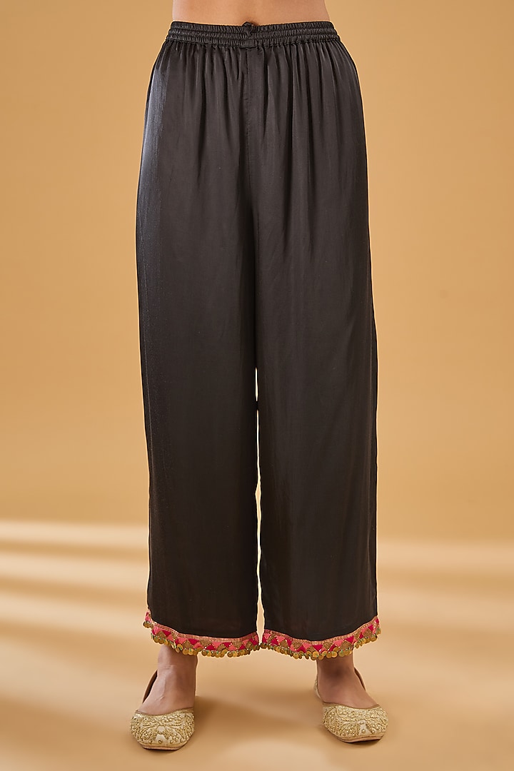 Black Crepe Printed & Hand Embroidered Angrakha Kurta Set by Raji Ramniq at Pernia's Pop Up Shop