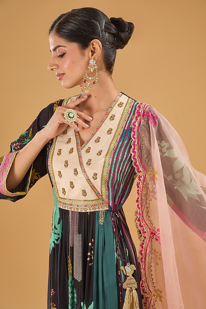 Black Crepe Printed & Hand Embroidered Angrakha Kurta Set by Raji Ramniq at Pernia's Pop Up Shop