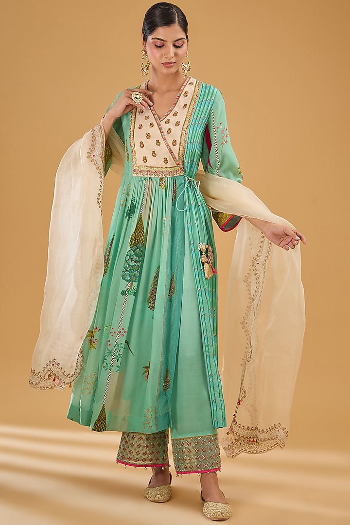 Powder Blue Crepe Printed & Hand Embroidered Angrakha Kurta Set by Raji Ramniq at Pernia's Pop Up Shop