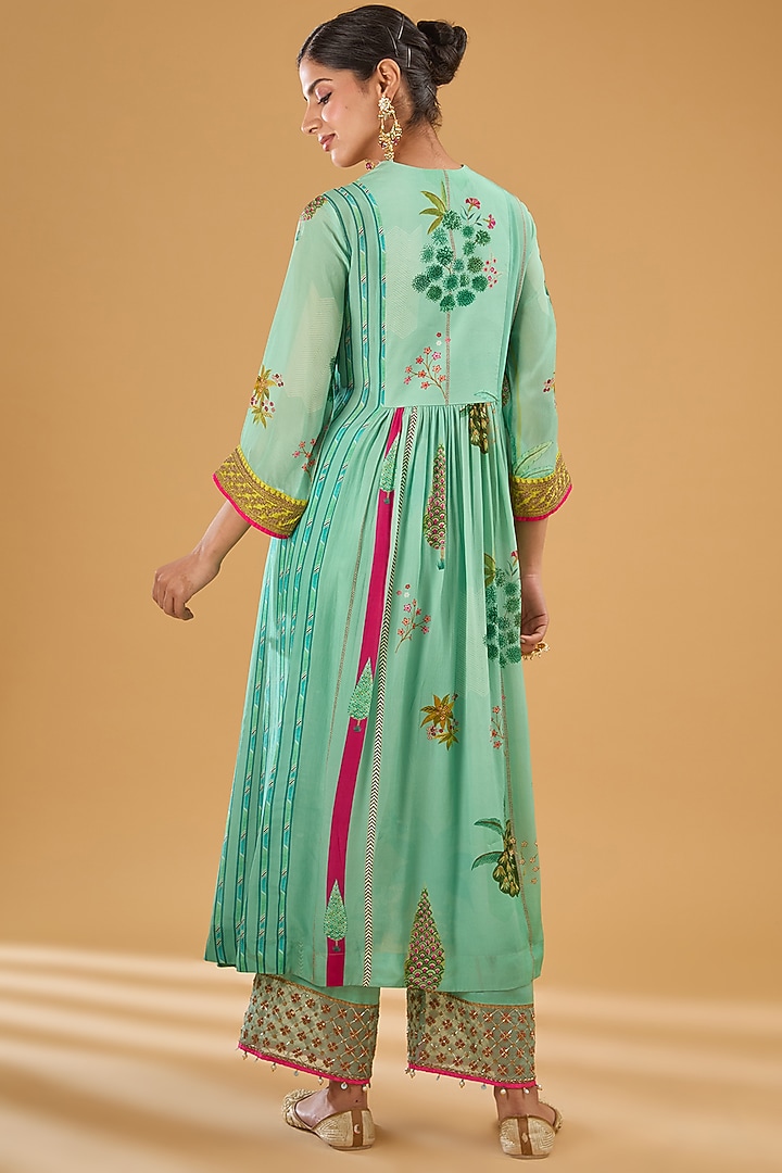 Powder Blue Crepe Printed & Hand Embroidered Angrakha Kurta Set by Raji Ramniq at Pernia's Pop Up Shop