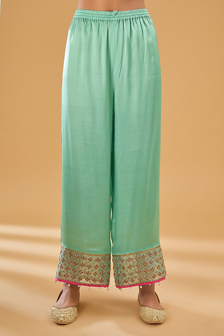 Powder Blue Crepe Printed & Hand Embroidered Angrakha Kurta Set by Raji Ramniq at Pernia's Pop Up Shop