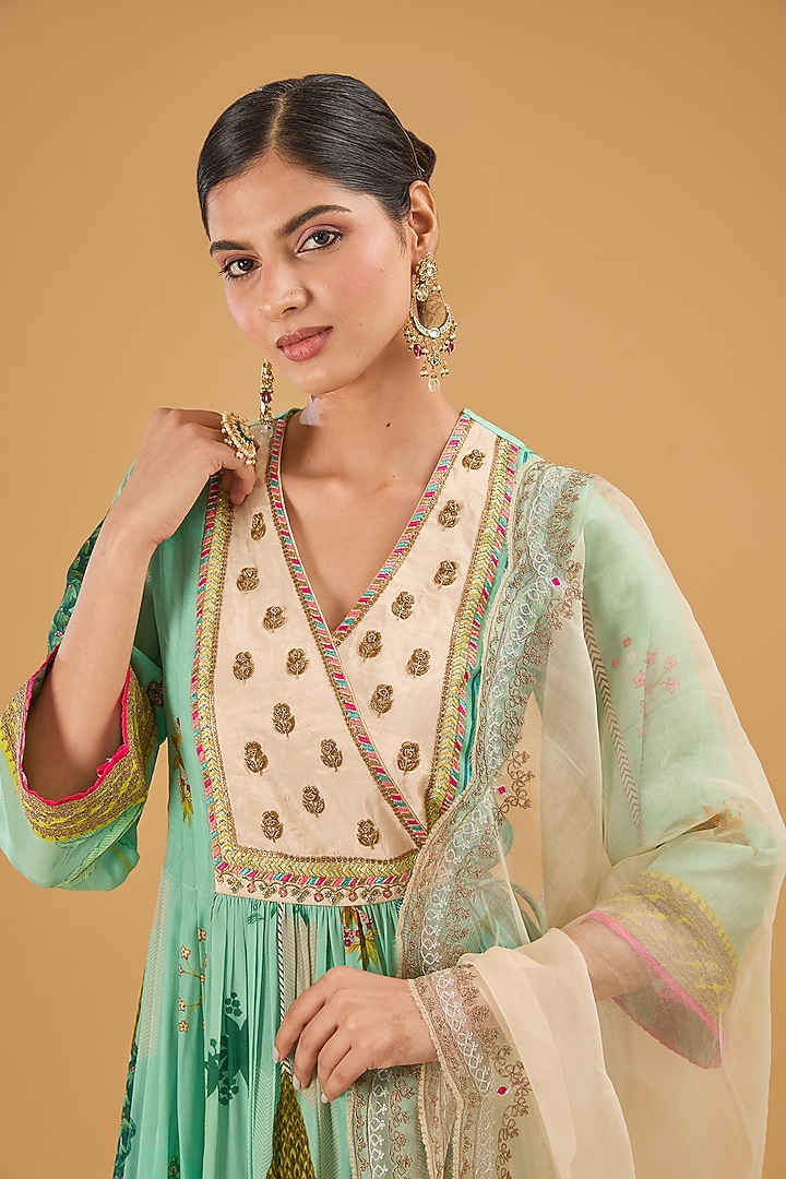 Powder Blue Crepe Printed & Hand Embroidered Angrakha Kurta Set by Raji Ramniq at Pernia's Pop Up Shop