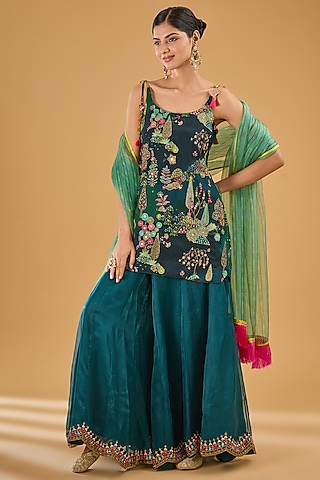 Teal Silk Organza Sharara Set by Raji Ramniq