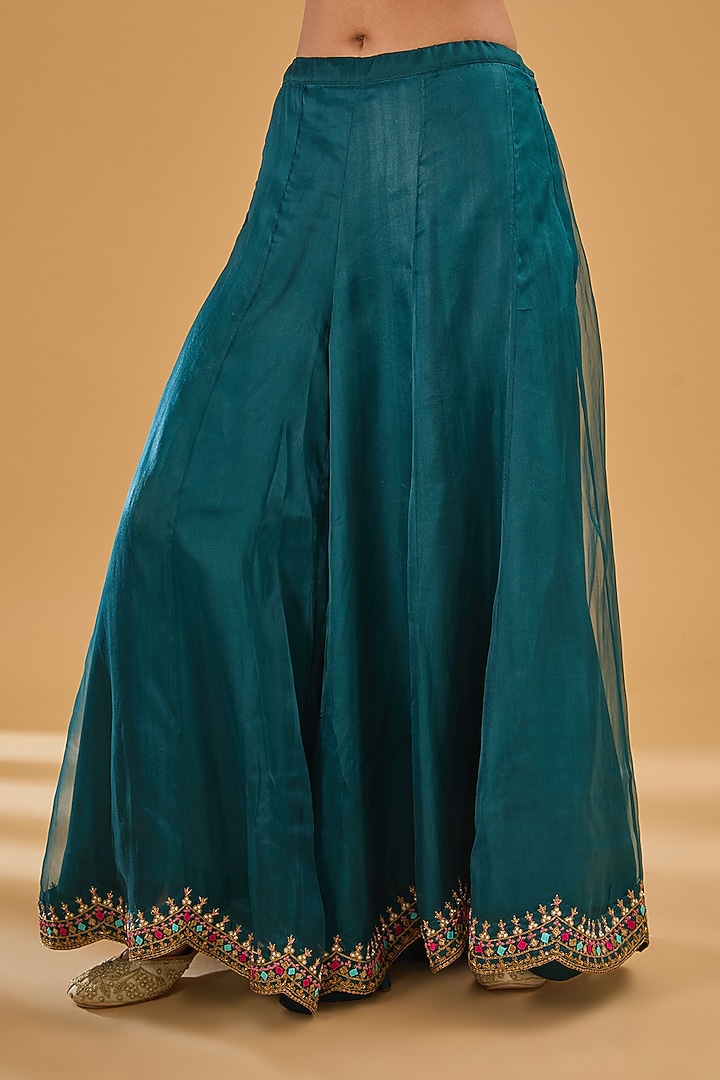 Teal Silk Organza Wedding Sharara Set by Raji Ramniq at Pernia's Pop Up Shop
