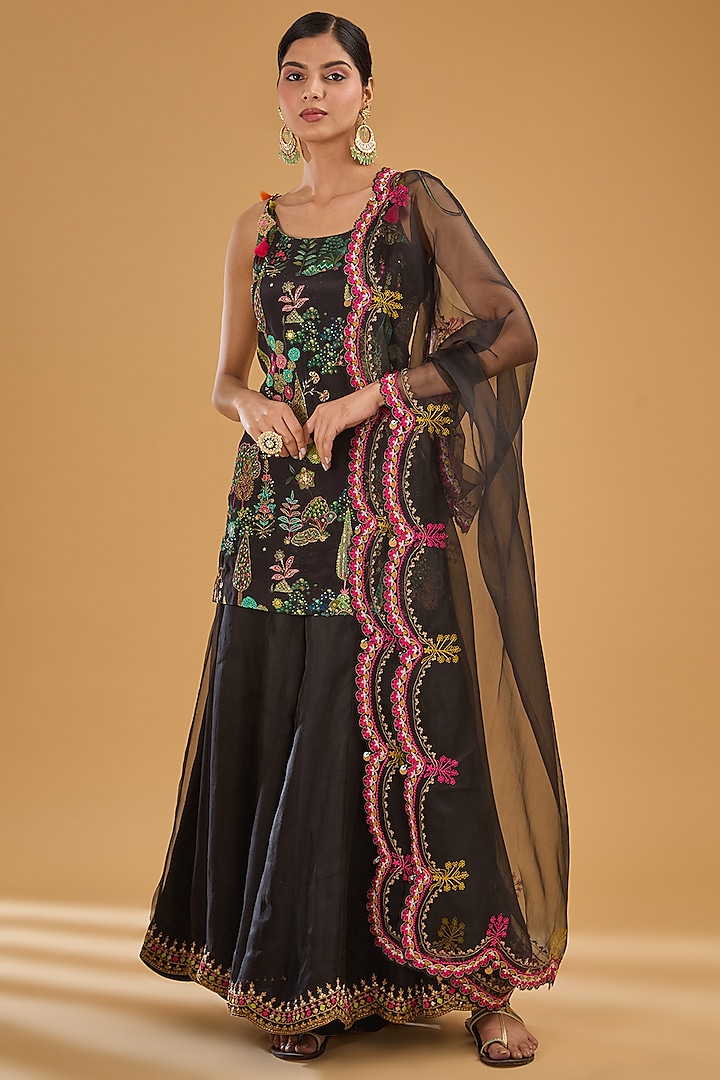 Black Silk Organza Sharara Set by Raji Ramniq