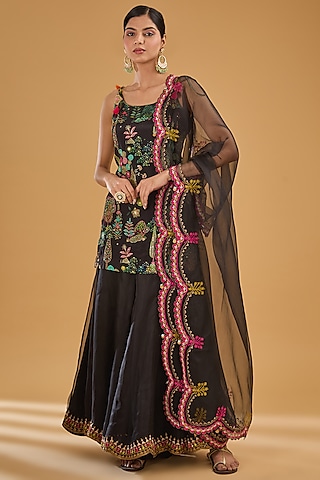 Black Silk Organza Sharara Set by Raji Ramniq