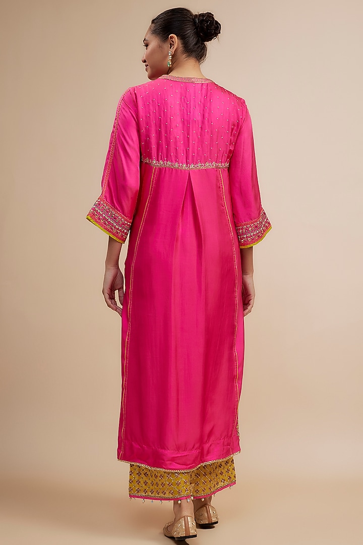 Hot Pink Silk Hand Embroidered Kurta Set by Raji ramniq at Pernia's Pop Up Shop