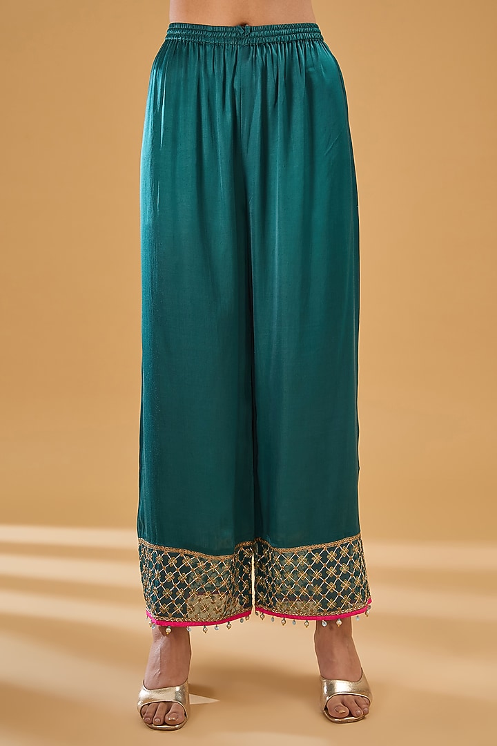 Teal Twill Silk Hand Embroidered Kurta Set by Raji Ramniq at Pernia's Pop Up Shop