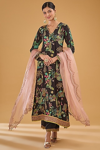 Black Crepe Hand Embroidered Asymmetric Kurta Set by Raji Ramniq