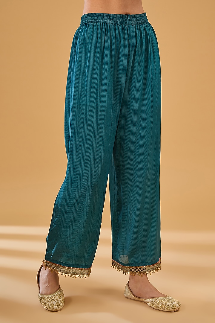 Teal Crepe Hand Embroidered Kurta Set by Raji Ramniq at Pernia's Pop Up Shop