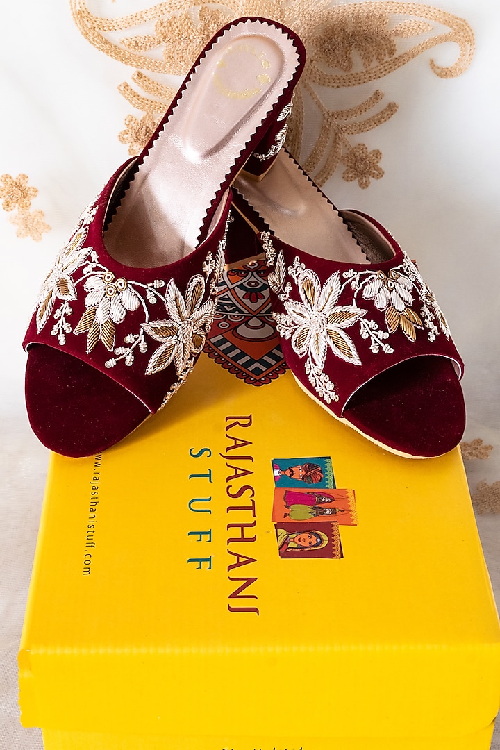 Maroon Zari Embroidered Heels by Rajasthani Stuff