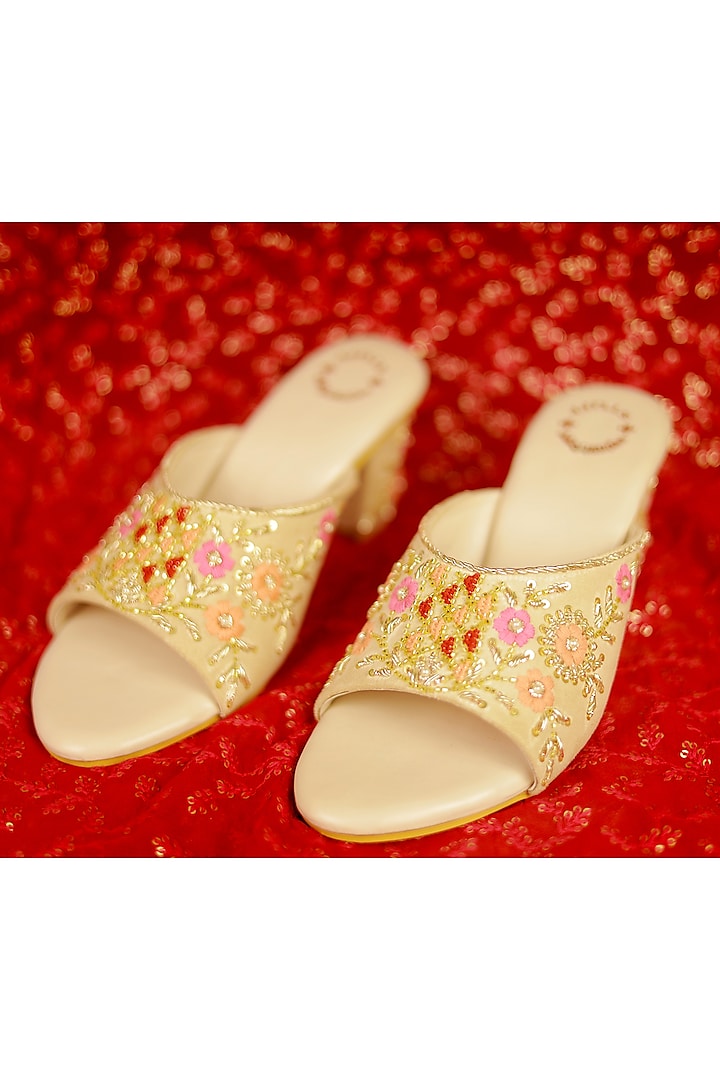 Cream Embroidered Heels by Rajasthani Stuff