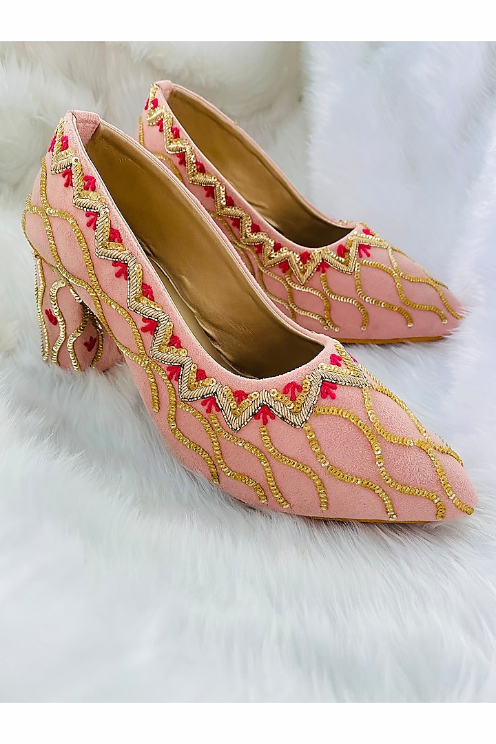 Pink Sequins Embroidered Heels by Rajasthani Stuff