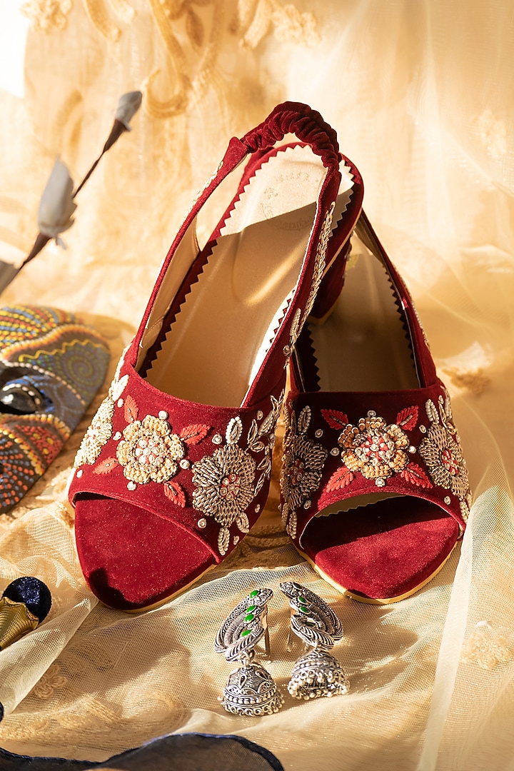 Maroon Bead Embroidered Heels by Rajasthani Stuff