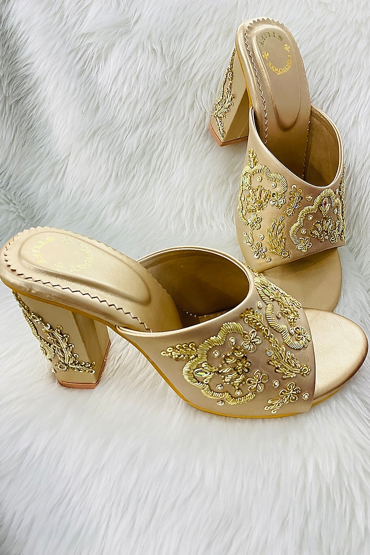 Gold Hand Embroidered Heels by Rajasthani Stuff