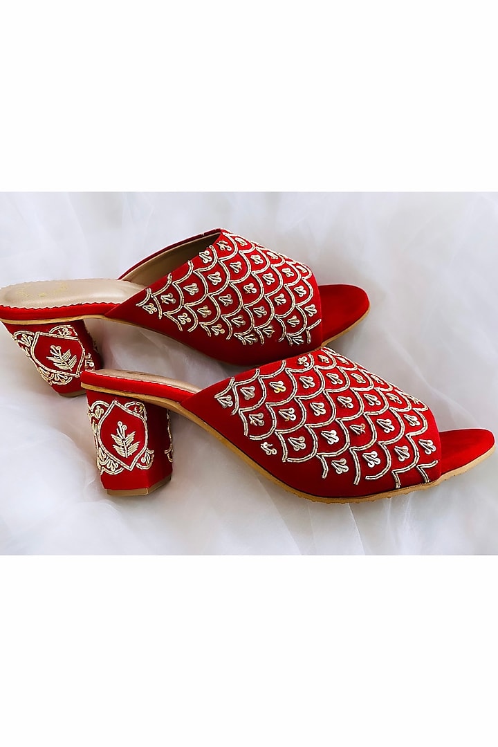 Red Velvet Embroidered Heels by Rajasthani Stuff