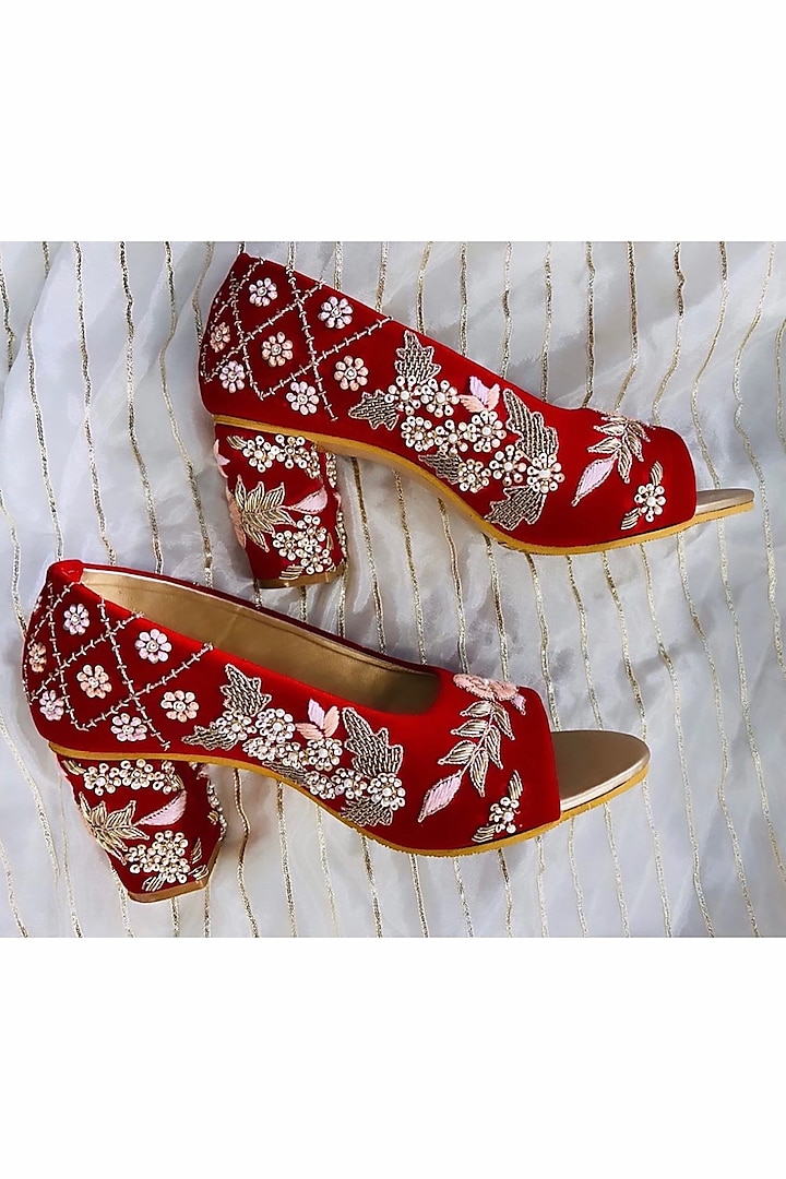 Red Sequins Embroidered Heels by Rajasthani Stuff