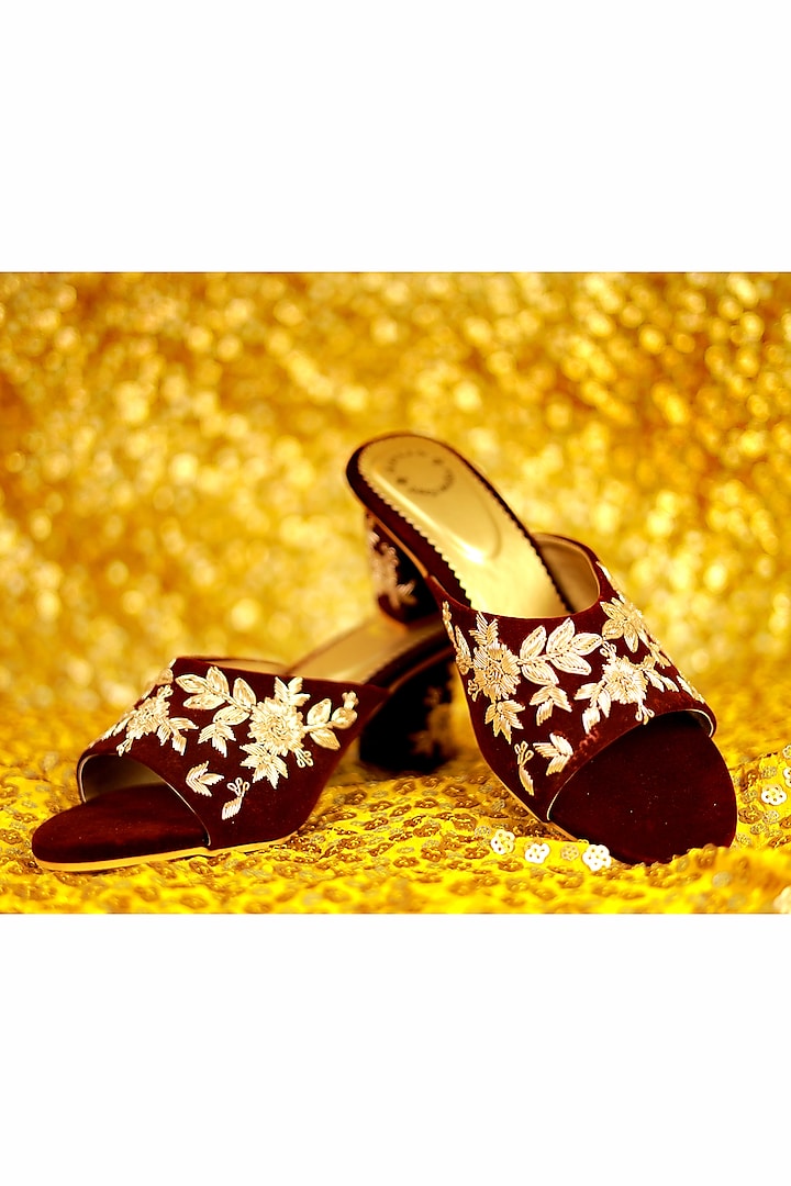 Maroon Velvet Embroidered Heels by Rajasthani Stuff