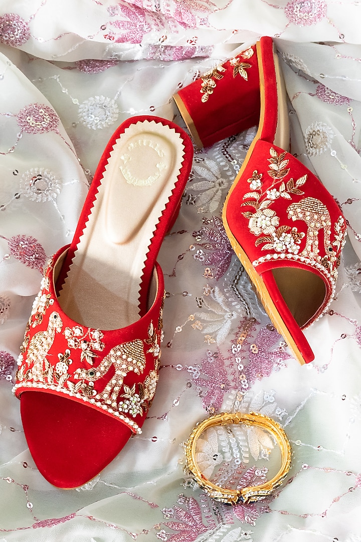 Red Thread Embroidered Heels by Rajasthani Stuff