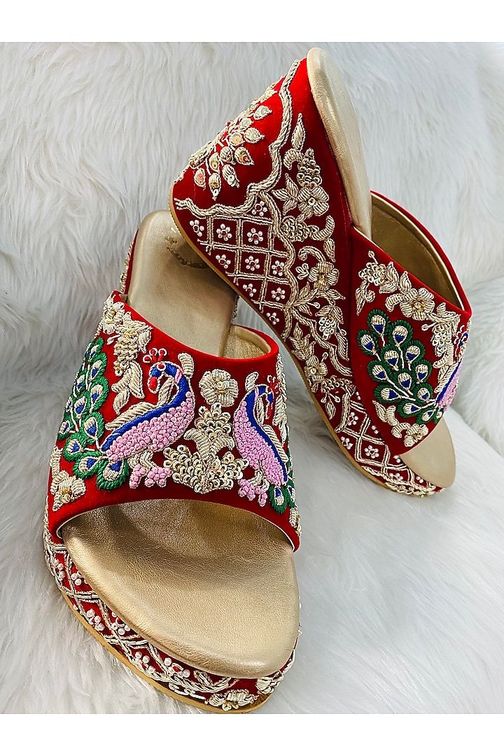 Red Hand Embroidered Wedges by Rajasthani Stuff
