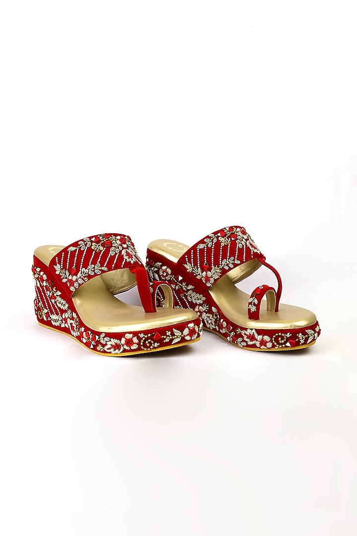 Red Thread Embroidered Wedges by Rajasthani Stuff