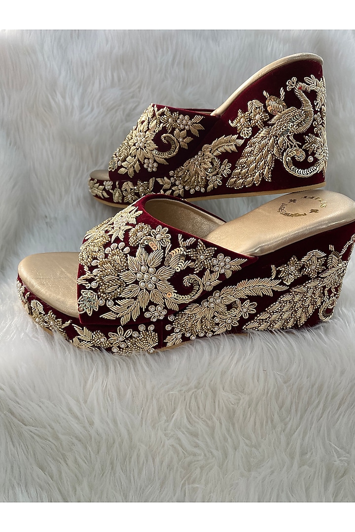 Maroon Bead Embroidered Wedges by Rajasthani Stuff