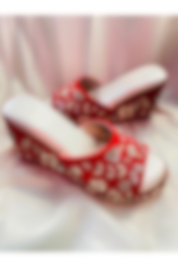 Red Velvet Embroidered Wedges by Rajasthani Stuff at Pernia's Pop Up Shop