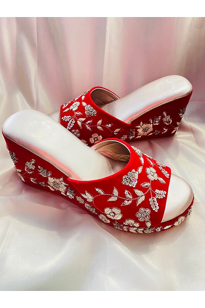 Red Velvet Embroidered Wedges by Rajasthani Stuff at Pernia's Pop Up Shop