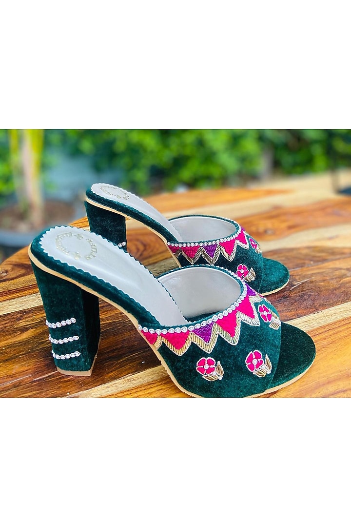 Dark Green Embroidered Heels by Rajasthani Stuff at Pernia's Pop Up Shop