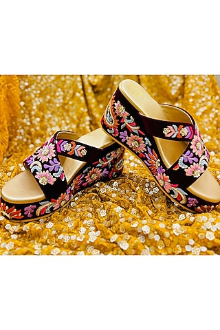 Maroon Velvet Thread & Bead Hand Embroidered Wedges by Rajasthani Stuff