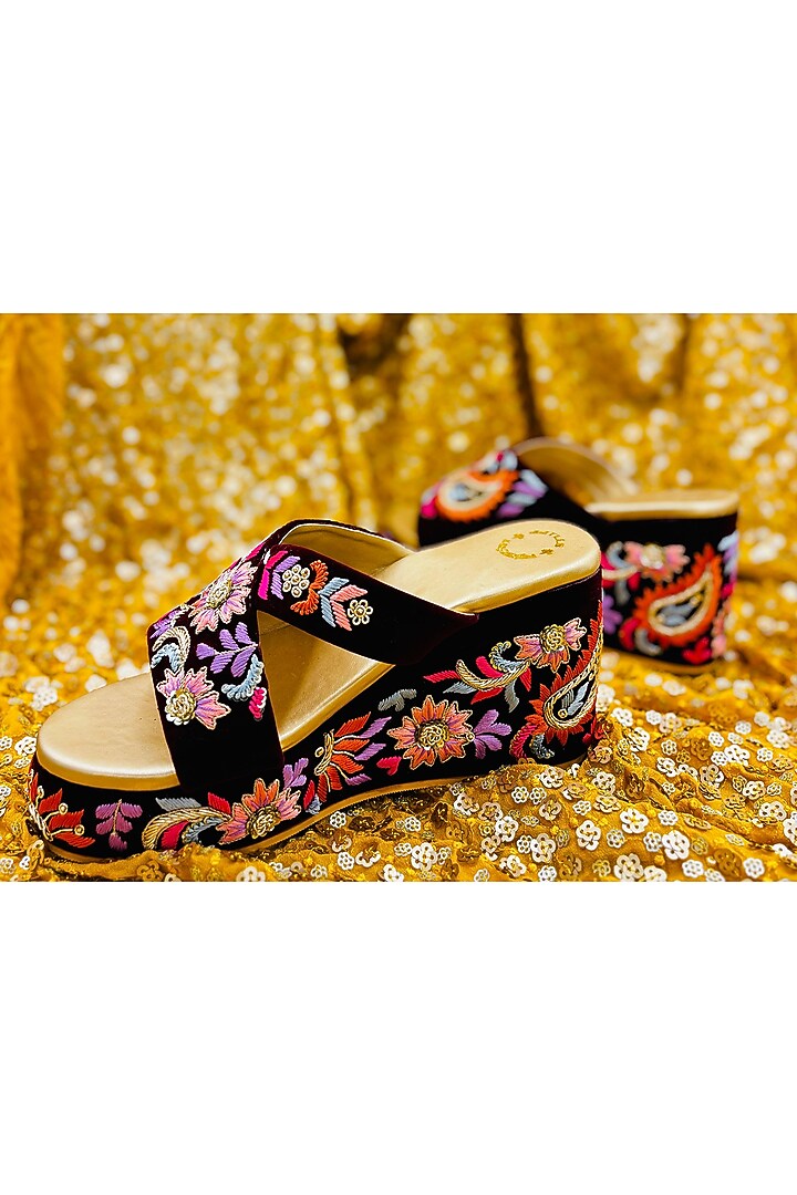 Maroon Velvet Thread & Bead Hand Embroidered Wedges by Rajasthani Stuff at Pernia's Pop Up Shop