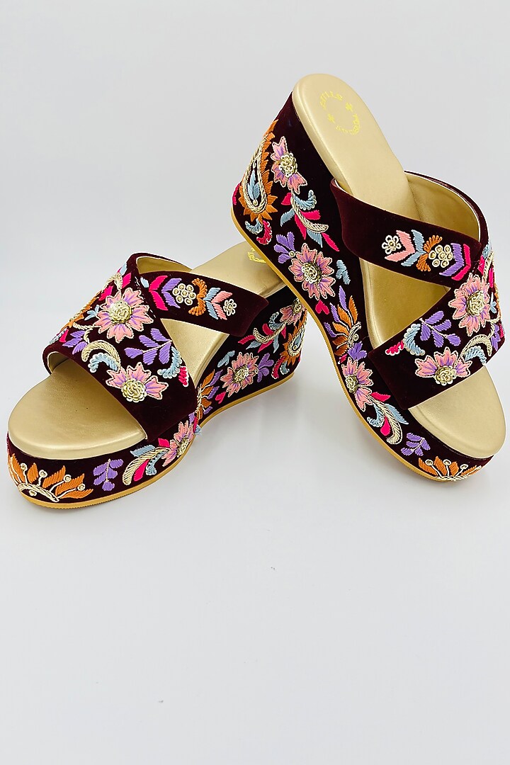 Maroon Velvet Thread & Bead Hand Embroidered Wedges by Rajasthani Stuff at Pernia's Pop Up Shop