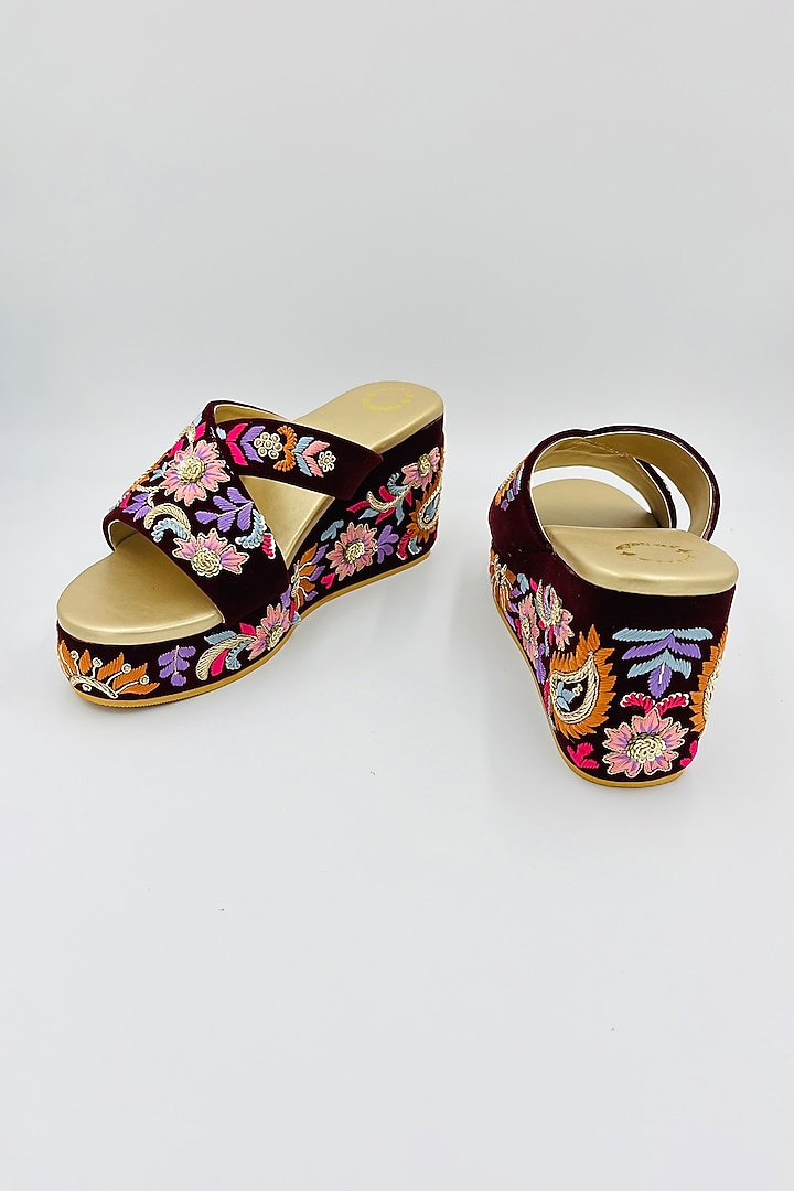 Maroon Velvet Thread & Bead Hand Embroidered Wedges by Rajasthani Stuff at Pernia's Pop Up Shop