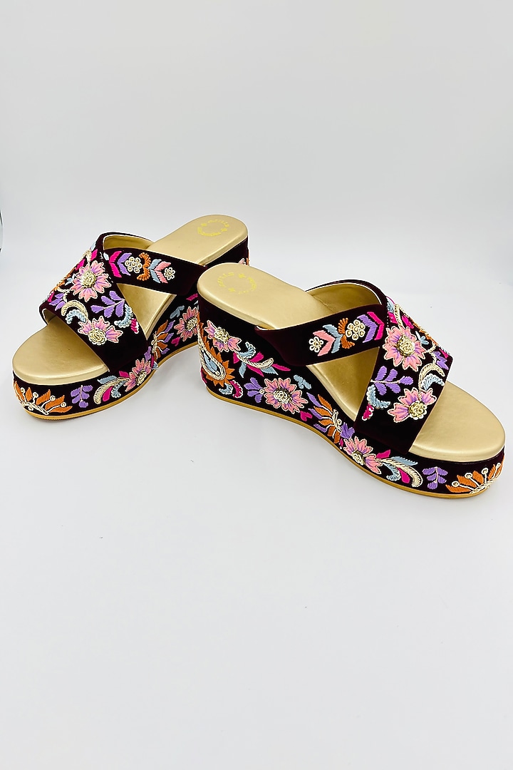 Maroon Velvet Thread & Bead Hand Embroidered Wedges by Rajasthani Stuff at Pernia's Pop Up Shop