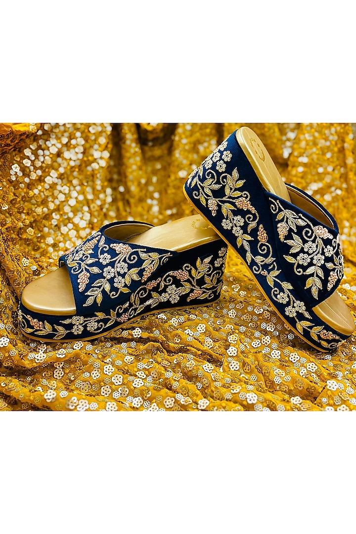 Navy Blue Velvet Thread & Bead Hand Embroidered Wedges by Rajasthani Stuff at Pernia's Pop Up Shop