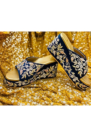Navy Blue Velvet Thread & Bead Hand Embroidered Wedges by Rajasthani Stuff