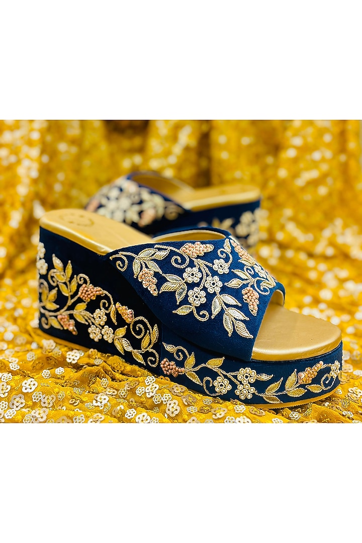 Navy Blue Velvet Thread & Bead Hand Embroidered Wedges by Rajasthani Stuff at Pernia's Pop Up Shop