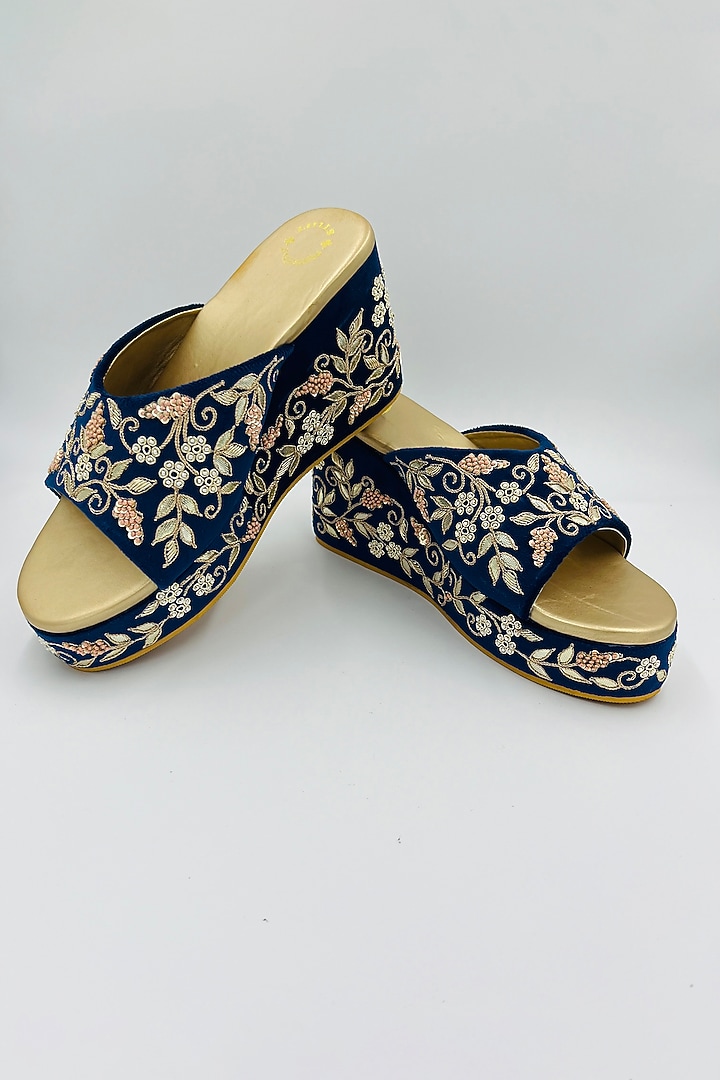 Navy Blue Velvet Thread & Bead Hand Embroidered Wedges by Rajasthani Stuff at Pernia's Pop Up Shop