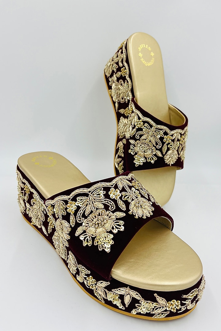 Navy Blue Velvet Thread & Bead Hand Embroidered Wedges by Rajasthani Stuff at Pernia's Pop Up Shop