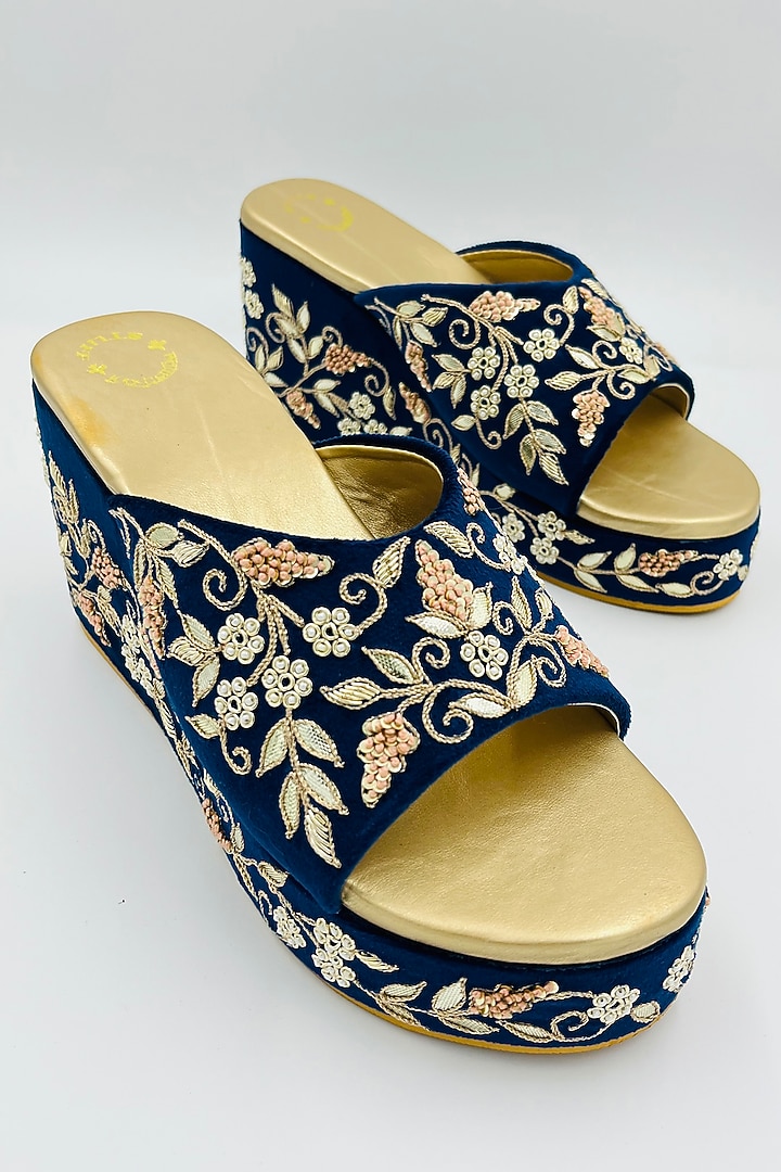 Navy Blue Velvet Thread & Bead Hand Embroidered Wedges by Rajasthani Stuff at Pernia's Pop Up Shop