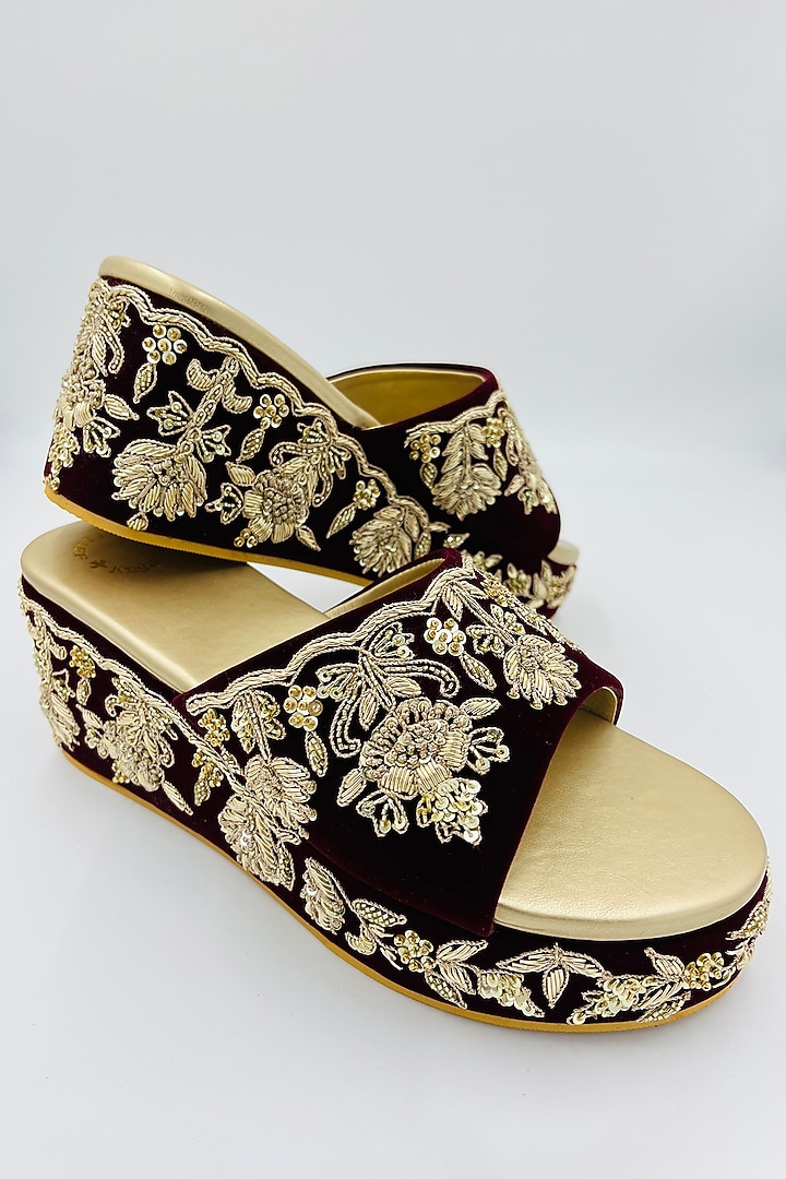 Navy Blue Velvet Thread & Bead Hand Embroidered Wedges by Rajasthani Stuff at Pernia's Pop Up Shop